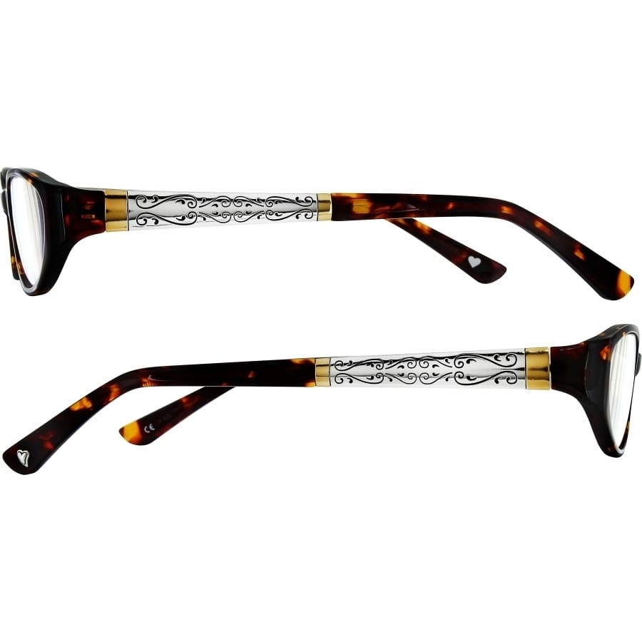 Brighton eyeglasses with tortoise frames and silver-tone temples featuring scroll engraving and gold accents on a white background