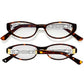 Brighton tortoiseshell reading glasses with scroll detail on temples, shown from front and back, on a white background