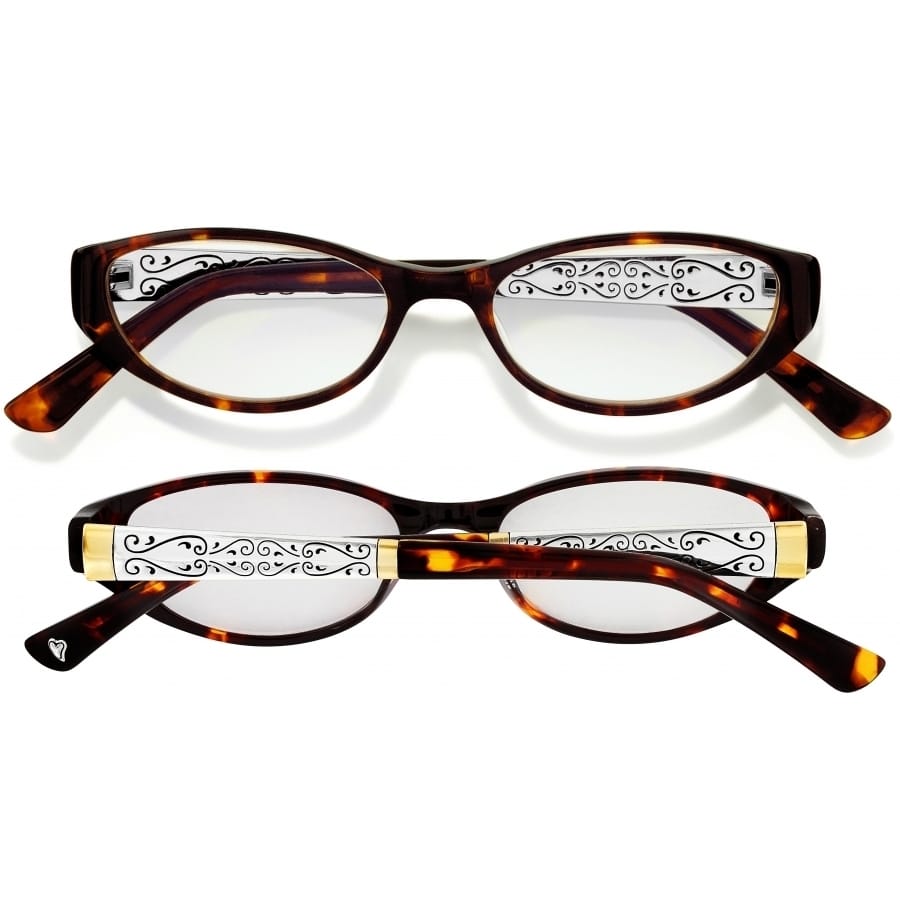 Brighton tortoiseshell reading glasses with scroll detail on temples, shown from front and back, on a white background