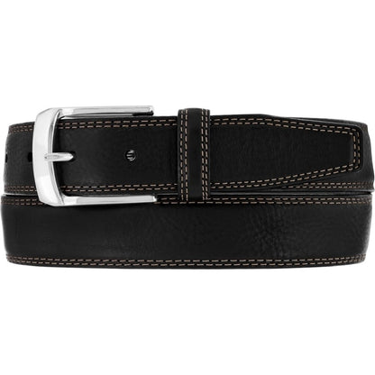 Brighton black leather belt with contrast stitching and silver-tone buckle on a white background