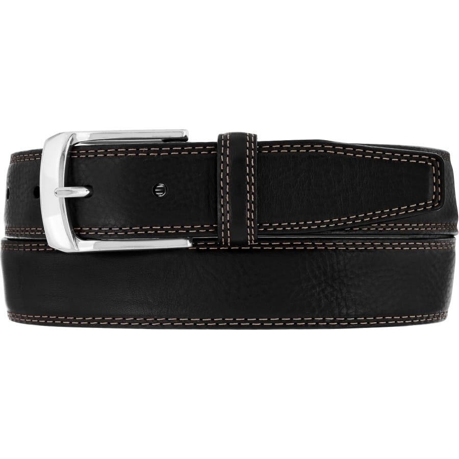 Brighton black leather belt with contrast stitching and silver-tone buckle on a white background