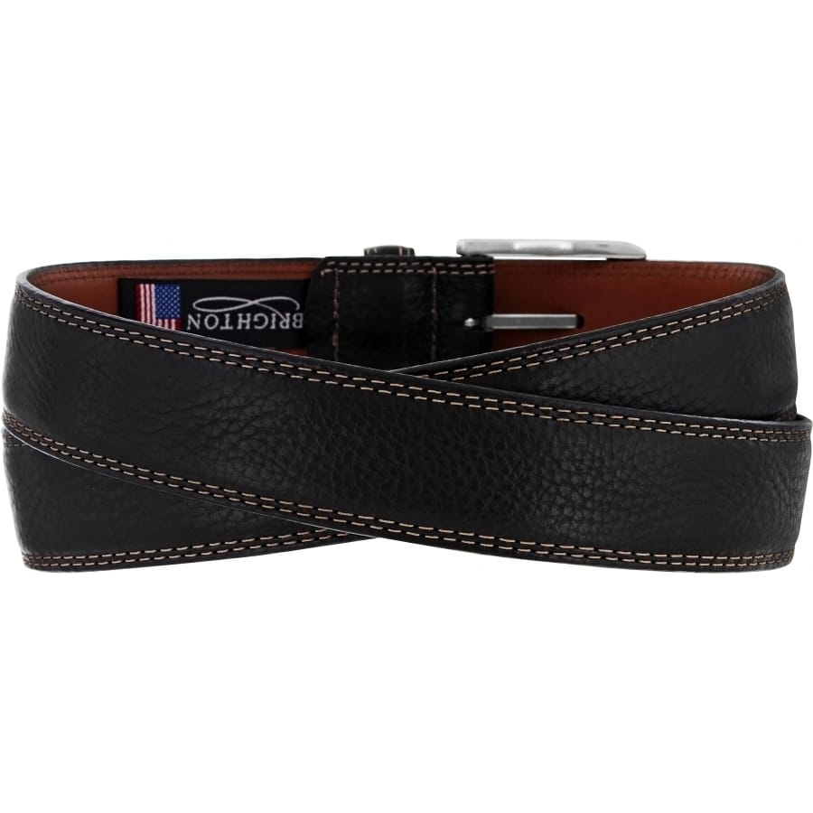 Brighton black leather belt with contrast stitching and silver-tone buckle on a white background