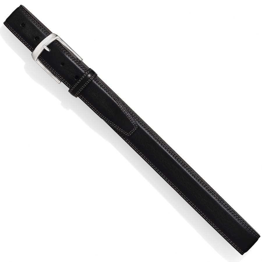 Brighton black leather belt with silver-tone buckle and contrast stitching along the edges on a white background