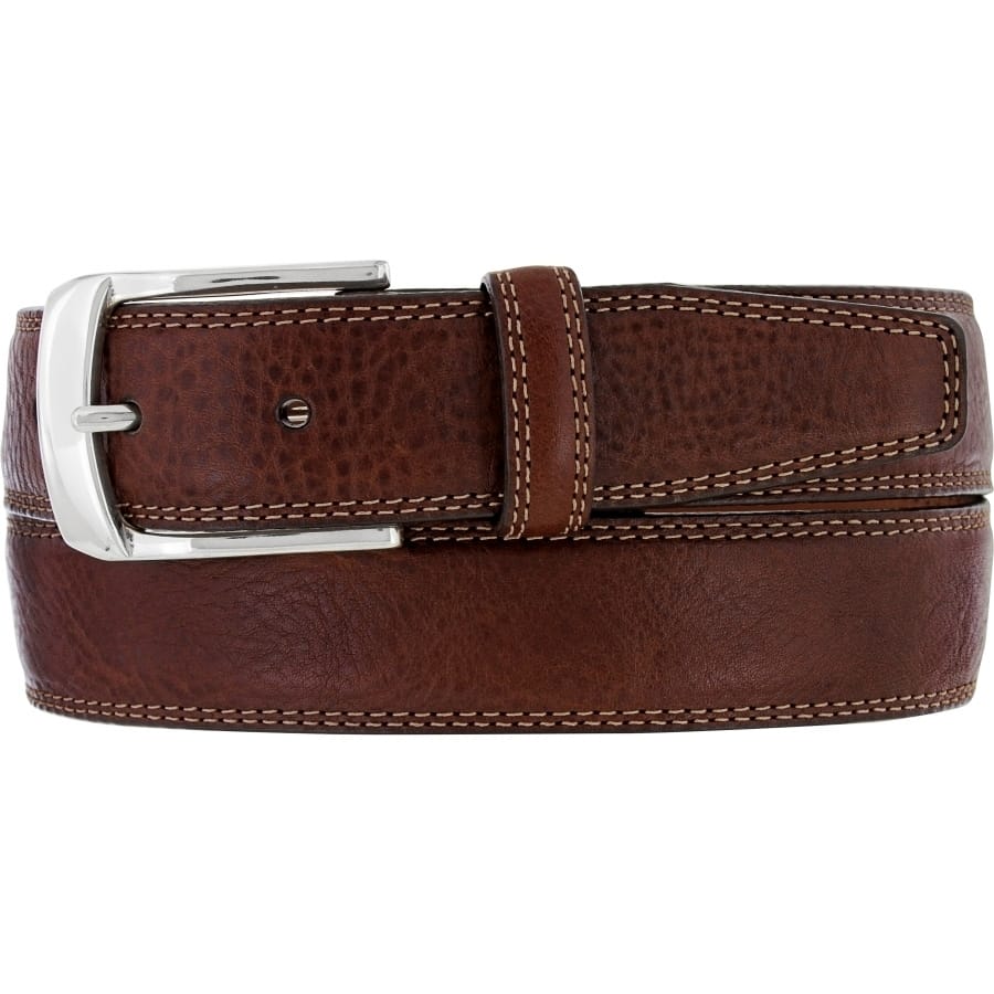 Brighton brown leather belt with contrast stitching and silver-tone buckle on a white background