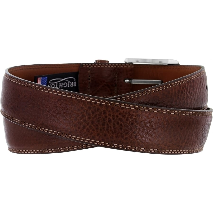 Brighton brown leather belt with textured finish, contrast stitching, and silver-tone buckle on a white background