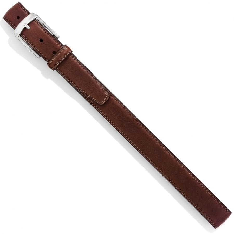 Brighton brown leather belt with silver-tone buckle and contrast stitching along the edges on a white background