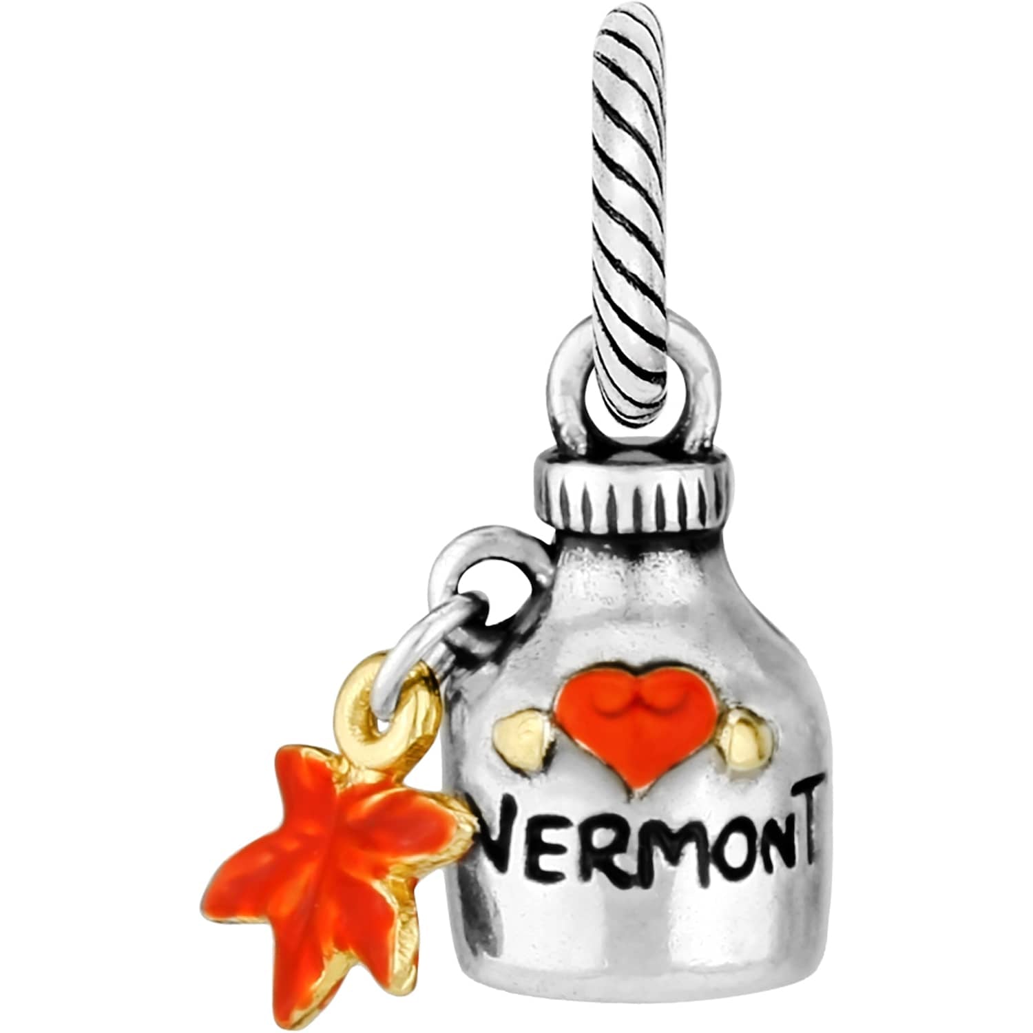 Brighton Vermont charm with silver-tone maple syrup jug, red heart accent, and gold and orange maple leaf on a white background