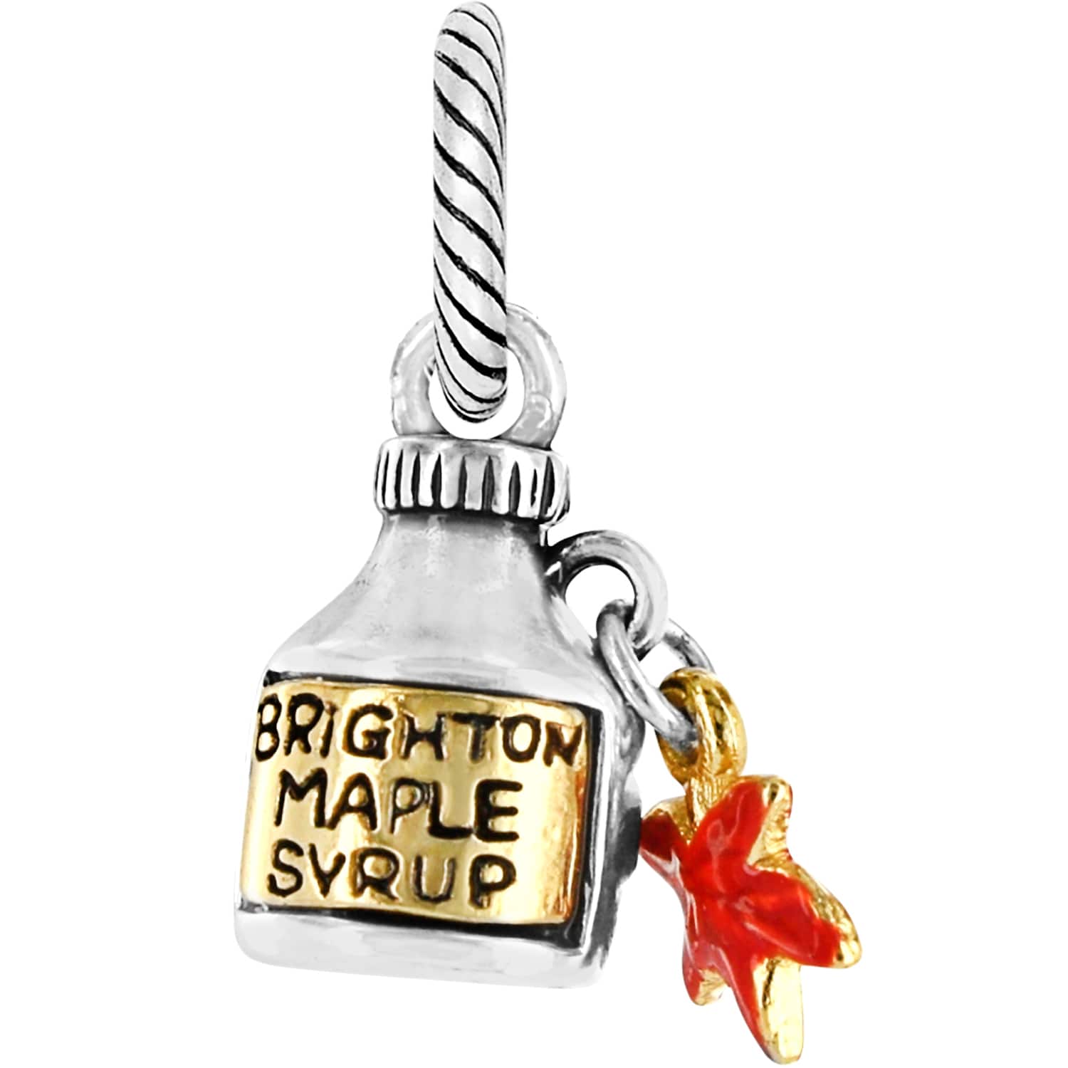 Brighton maple syrup bottle charm with two-tone finish and red enamel maple leaf accent on a white background