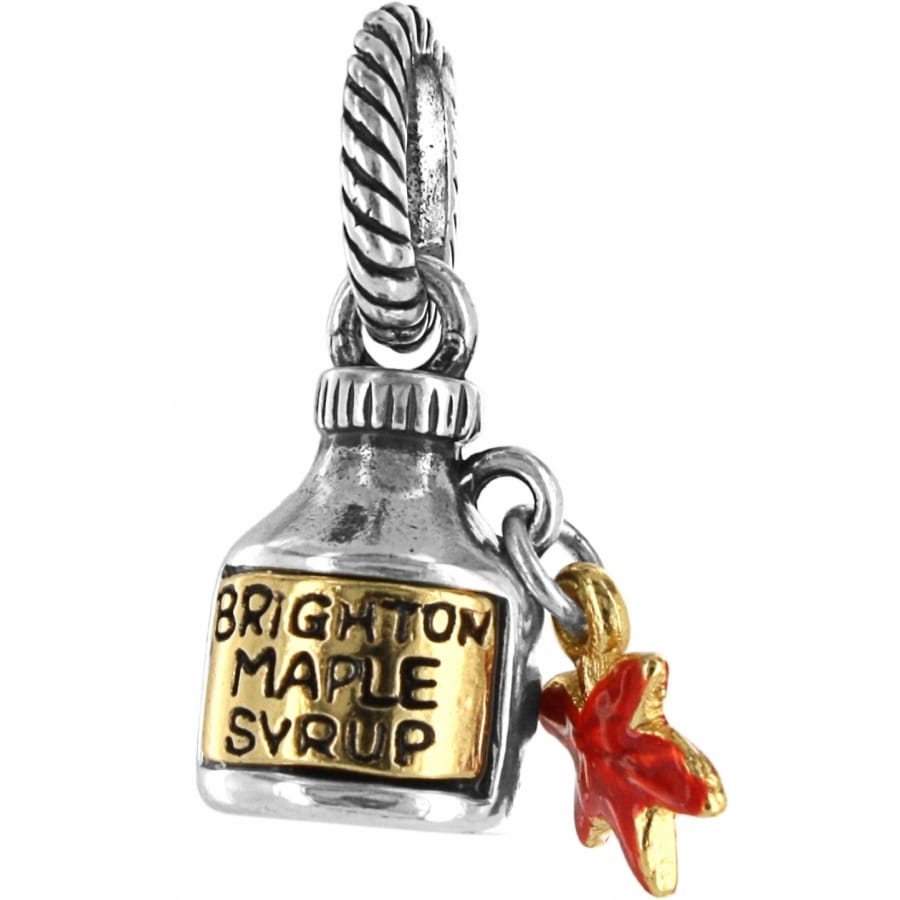 Brighton charm shaped like a maple syrup bottle with gold-tone label and red leaf on a white background