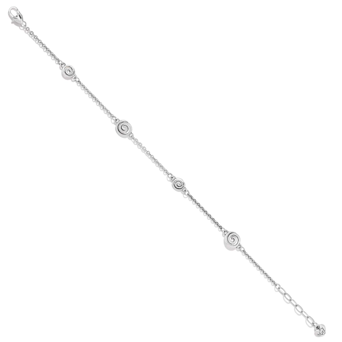 Brighton silver-plated bracelet with four spiral disc stations and delicate chain links on a white background