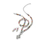 Brighton jewelry set styled with multicolor gemstone and glass pearl beaded necklace, bracelet, and matching earrings