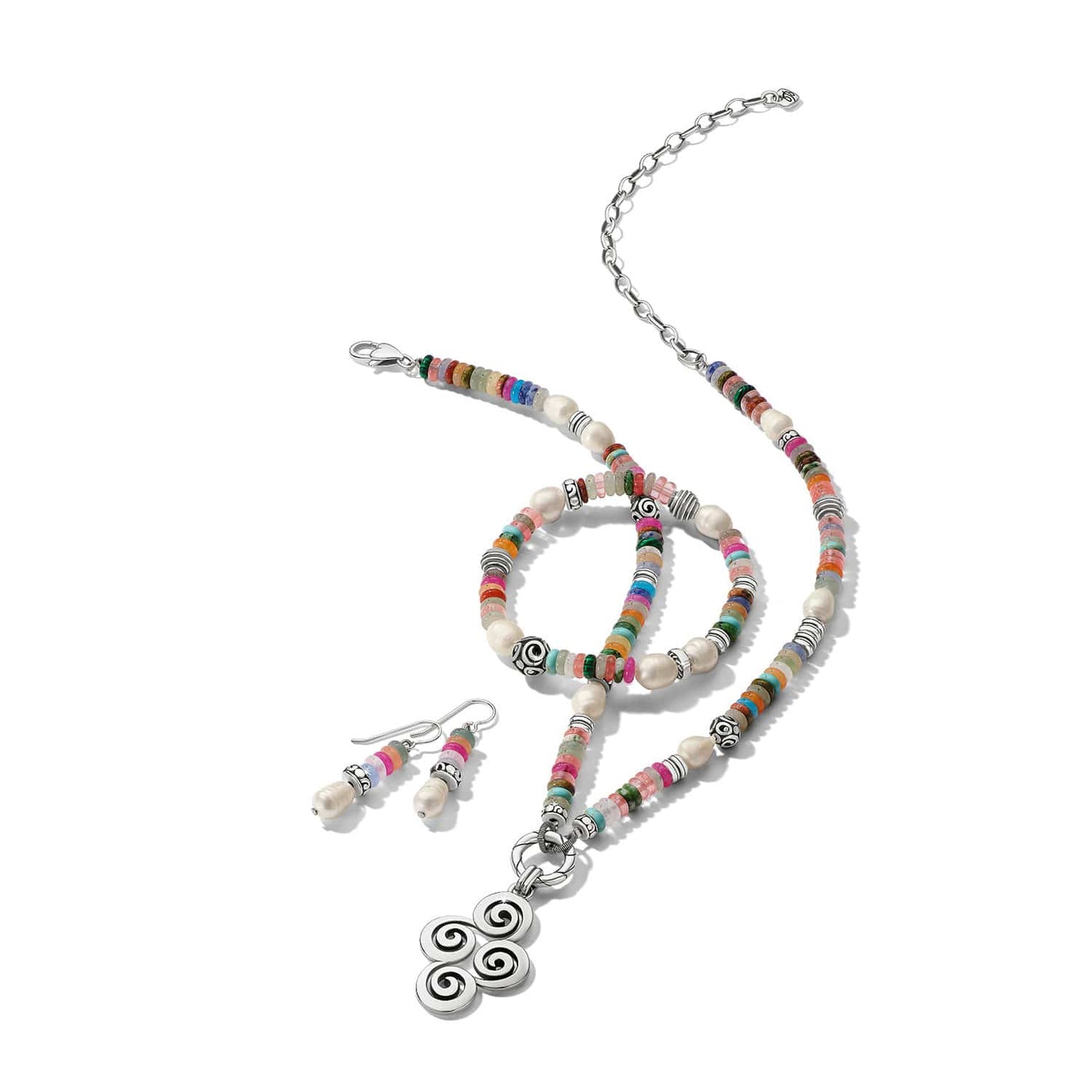 Brighton jewelry set styled with multicolor gemstone and glass pearl beaded necklace, bracelet, and matching earrings