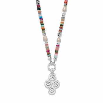 Brighton beaded necklace with mixed gemstones, glass pearls, and silver-plated triple spiral pendant on a white background