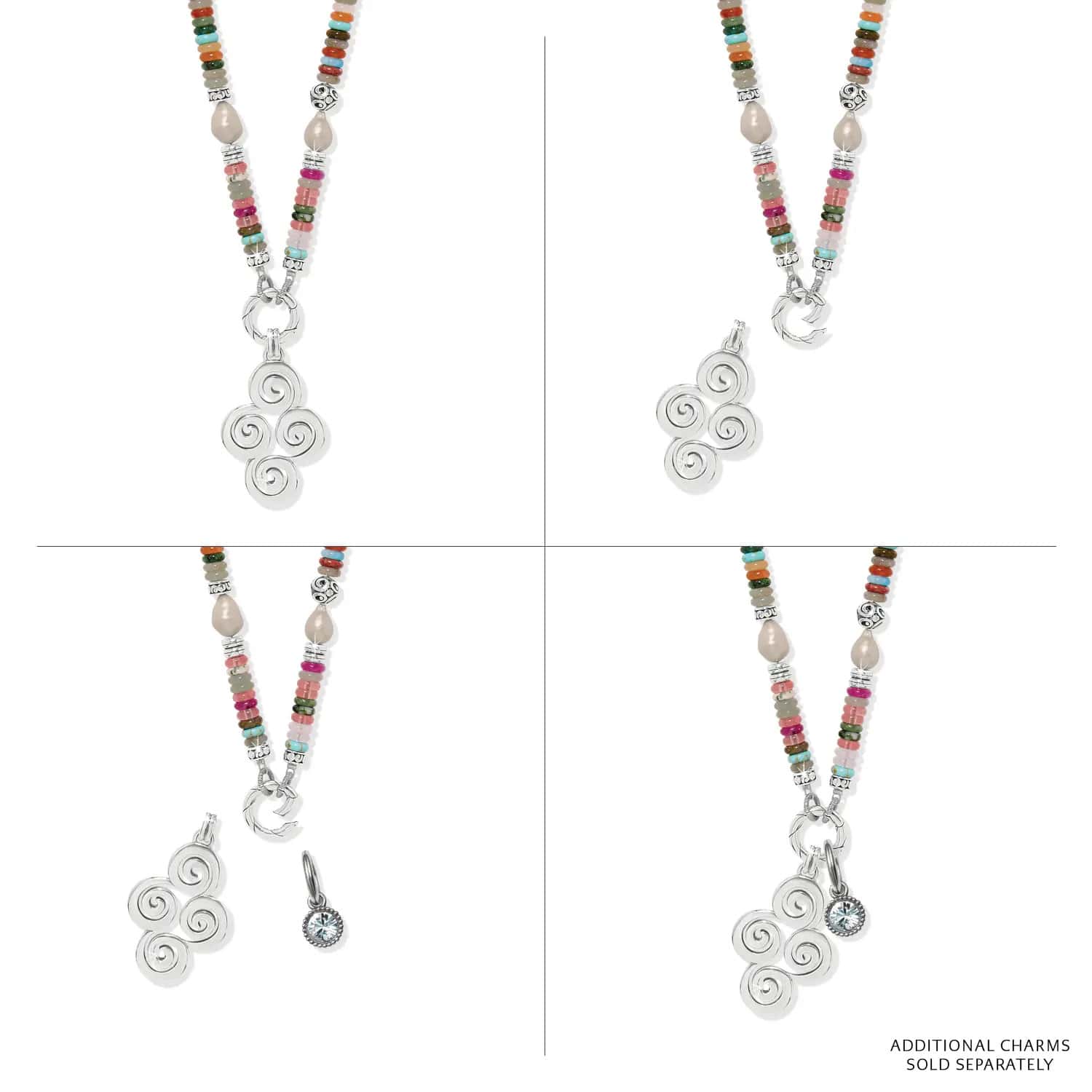 Brighton charm necklace with mixed gemstone beads, glass pearls, and silver-plated swirl pendant shown in four views on a white background
