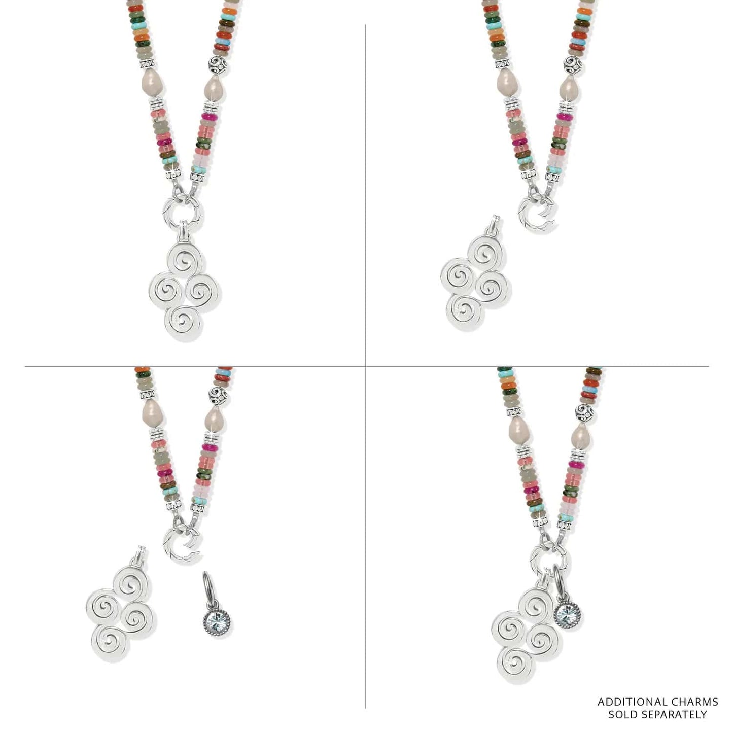 Brighton charm necklace with mixed gemstone beads, glass pearls, and silver-plated swirl pendant shown in four views on a white background