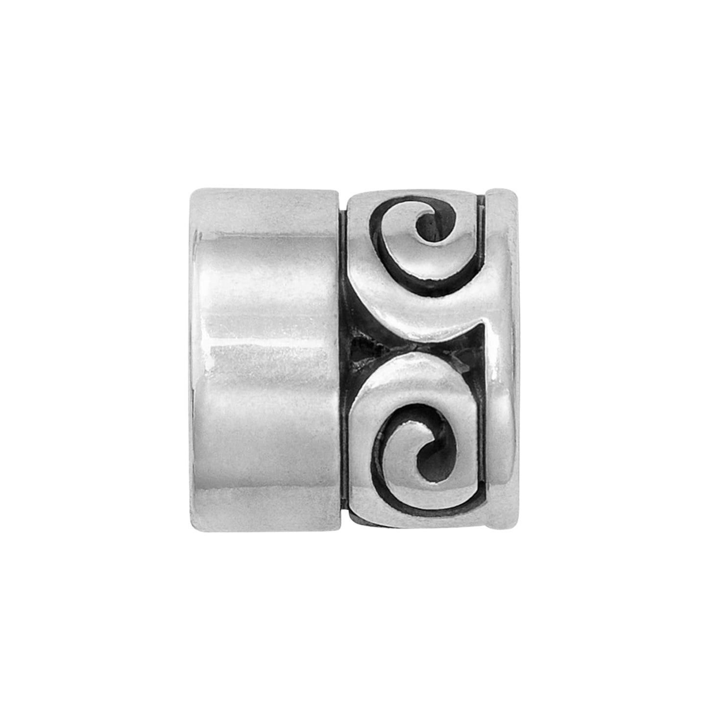 Brighton silver-plated bead charm with polished band and scroll swirl detail on one side on a white background