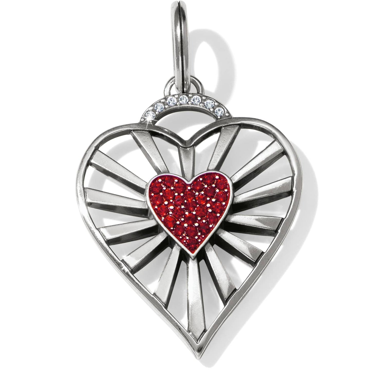 Brighton heart charm pendant with silver-plated openwork rays, red crystal center heart, and crystal accents on a white background