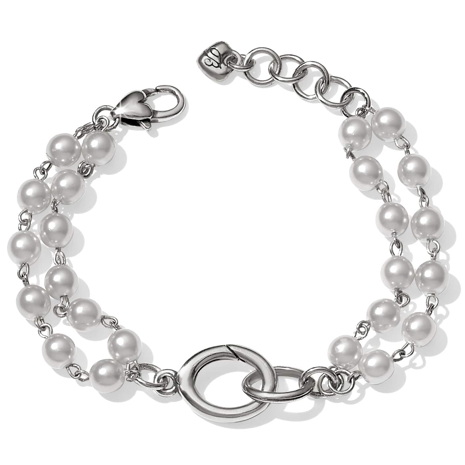 Brighton bracelet with double strand of white pearls, silver-plated interlocking ring centerpiece, and lobster clasp on a white background