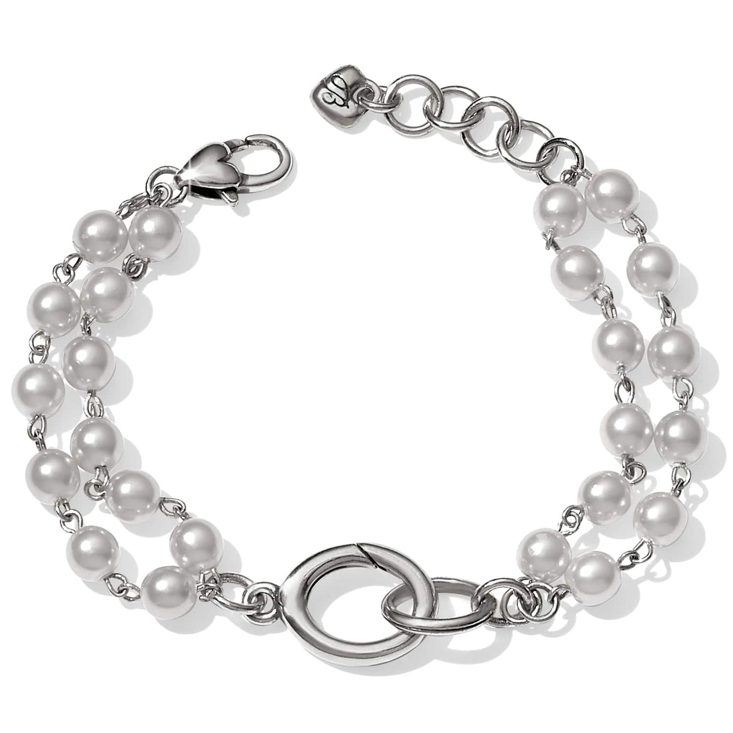 Brighton bracelet with double strand of white pearls, silver-plated interlocking ring centerpiece, and lobster clasp on a white background