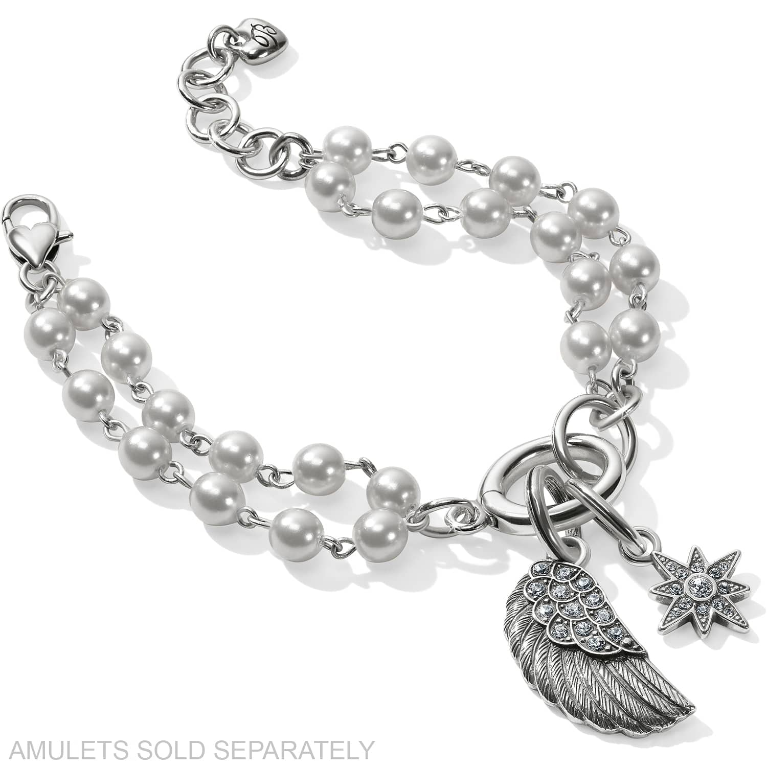 Brighton beaded bracelet with double strand of pearls, silver-plated wing charm, and crystal star on a white background