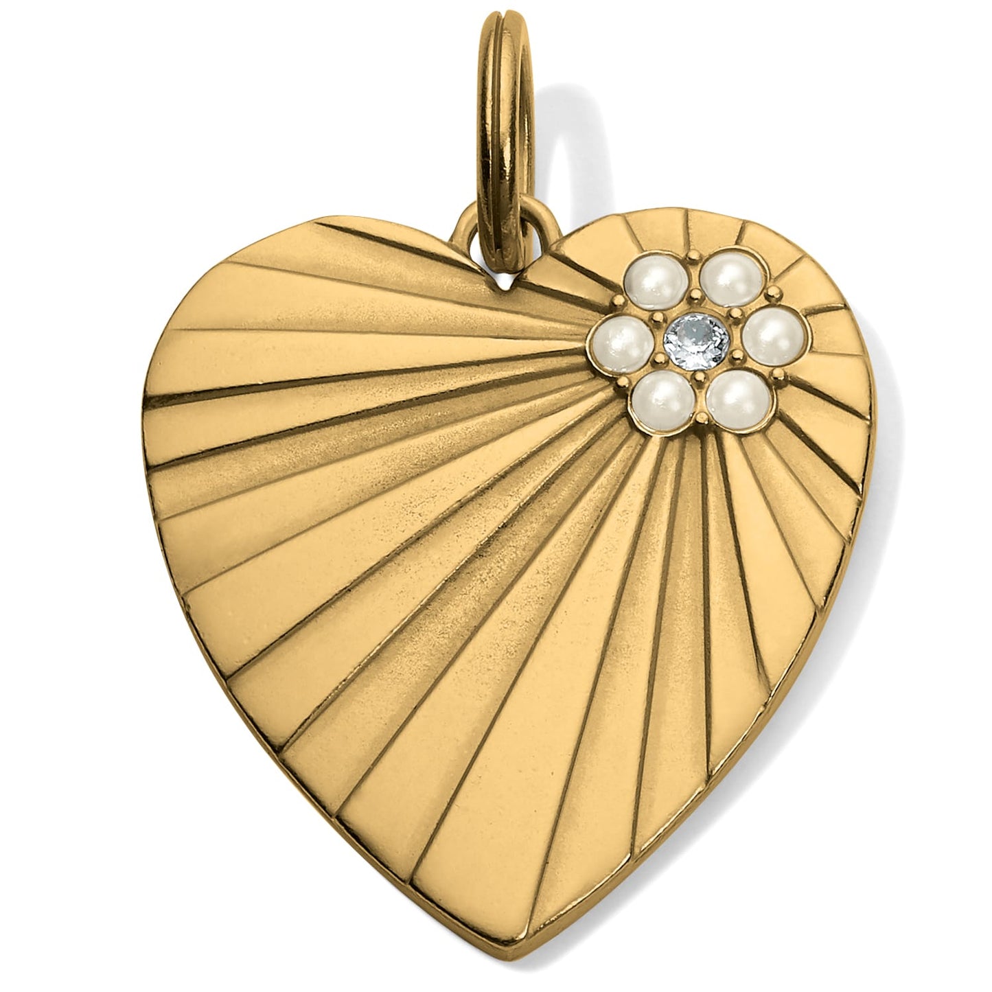 Brighton heart charm pendant with gold-plated ribbed finish, glass pearl cluster, and crystal center on a white background