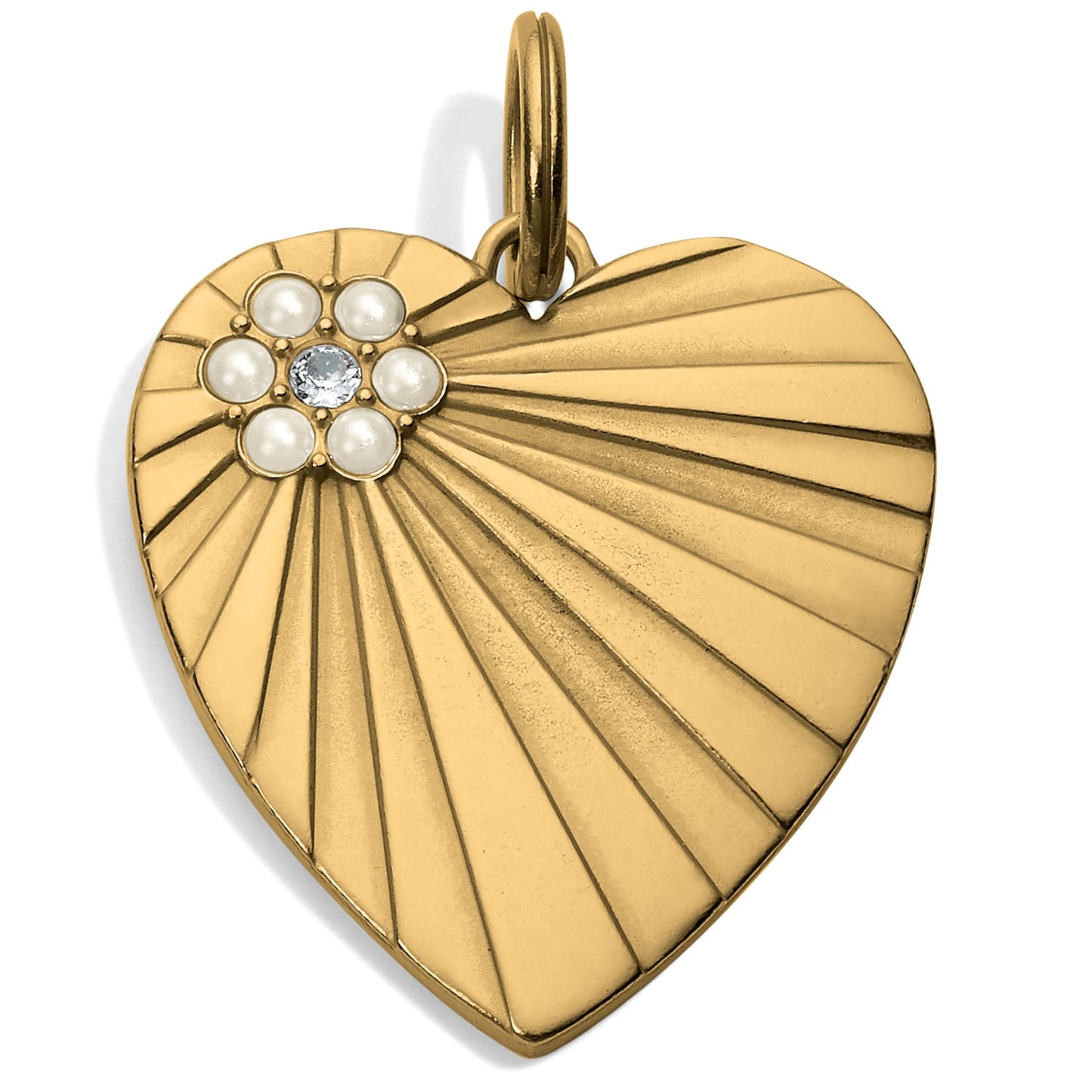Brighton heart charm with gold-plated ribbed finish, glass pearl flower cluster, and crystal center on a white background