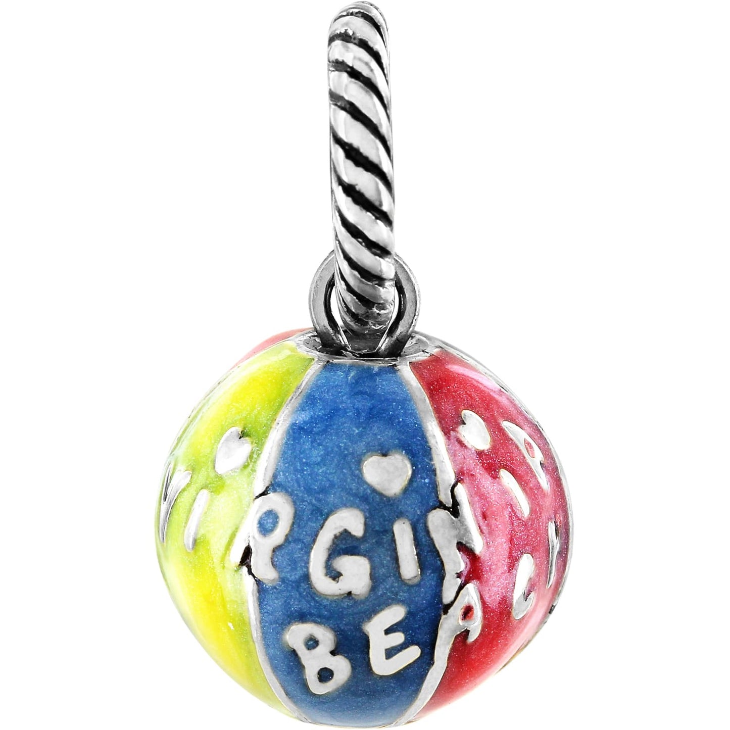 Brighton beach ball charm with yellow, blue, and pink enamel panels reading Virginia Beach on a white background