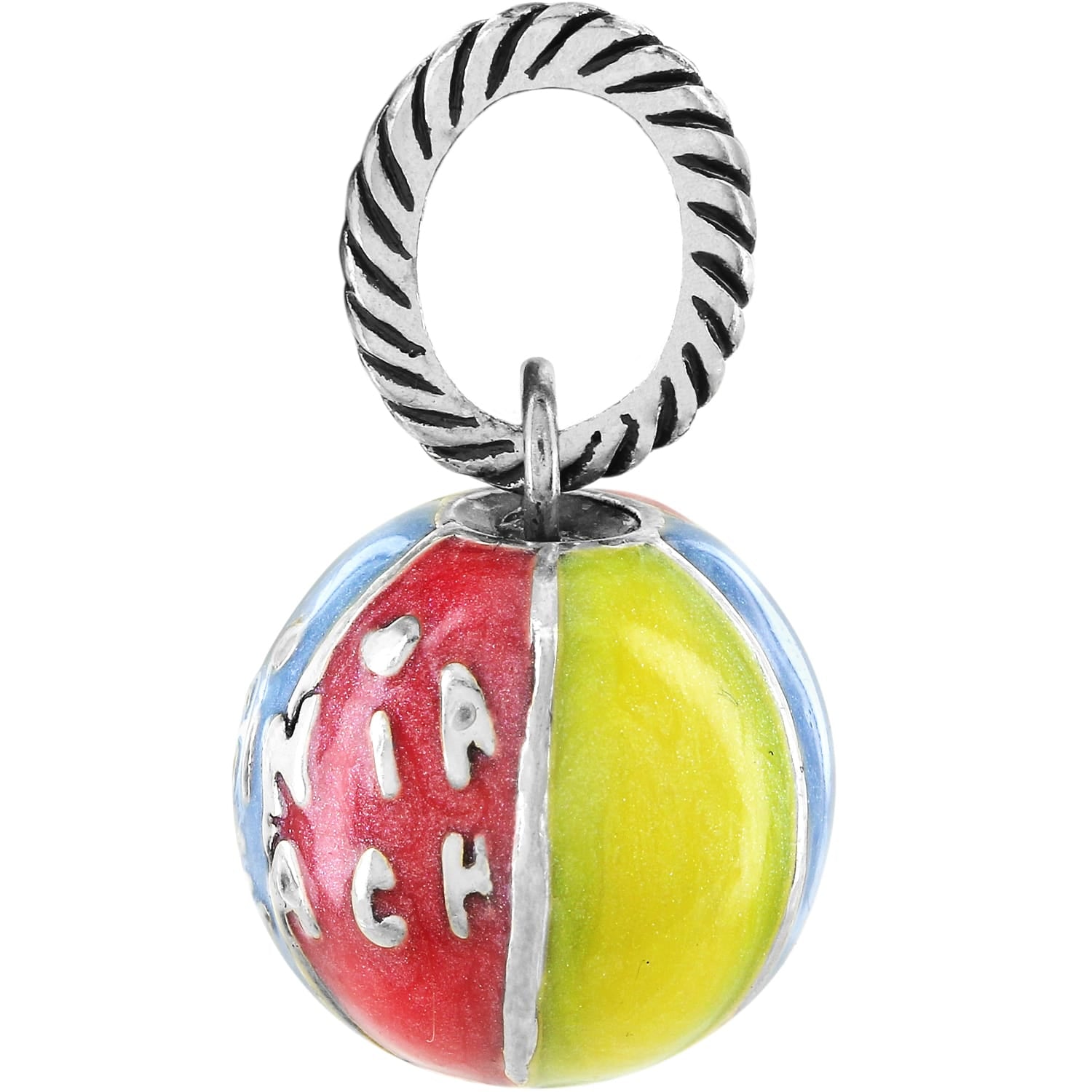 Brighton beach ball charm with red, yellow, and blue enamel panels and silver-tone rope bail on a white background