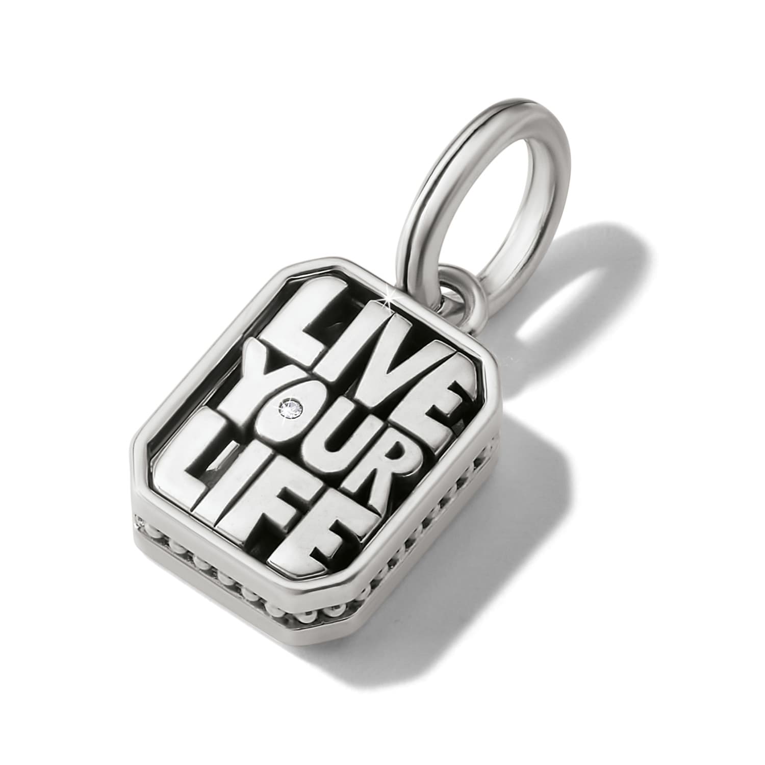 Brighton charm with silver-plated Live Your Life engraved square pendant and crystal accent on a white background