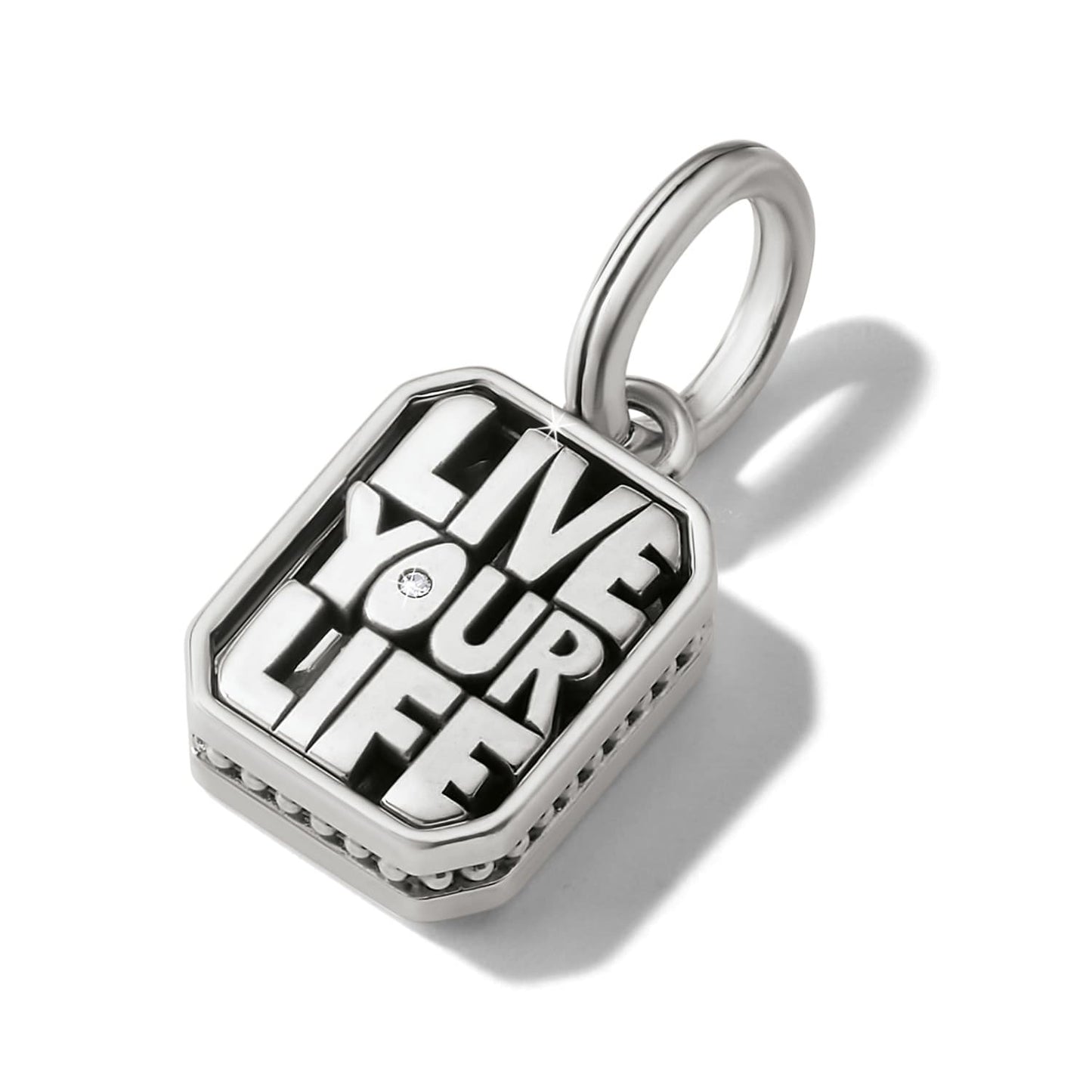 Brighton charm with silver-plated Live Your Life engraved square pendant and crystal accent on a white background