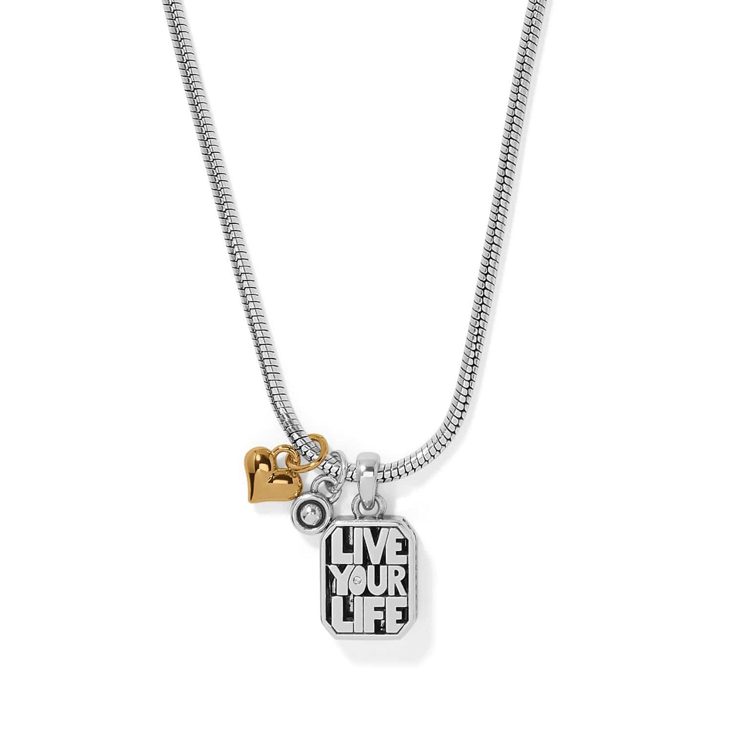 Brighton charm necklace with two-tone heart, crystal, and Live Your Life pendant on a white background