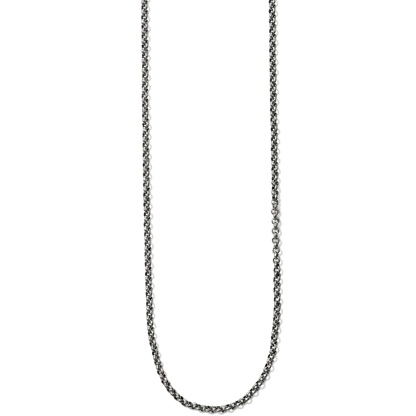Brighton necklace with silver-tone rolo chain links displayed in a long loop on a white background