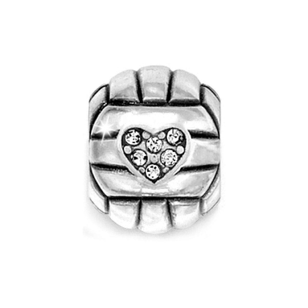 Brighton silver-plated charm bead with ribbed edges and crystal-set heart motif at center on a white background