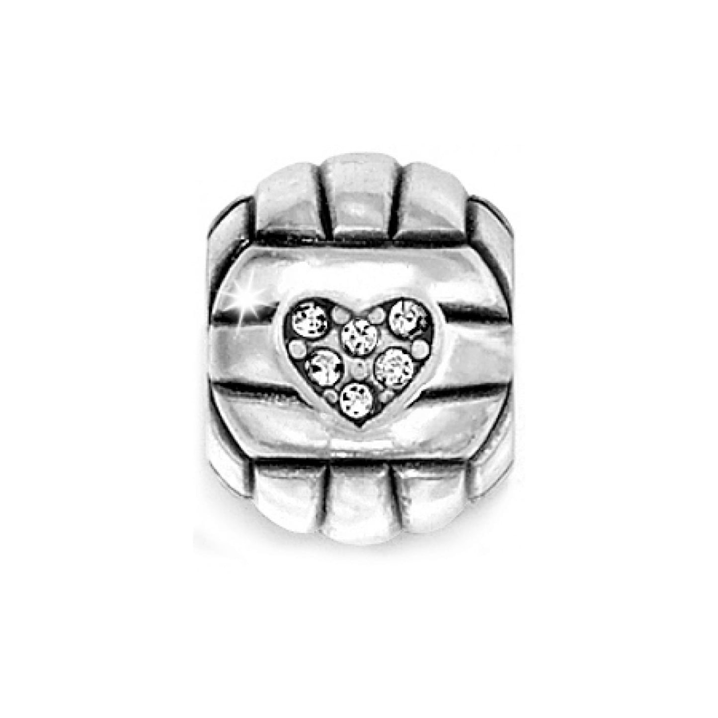 Brighton silver-plated charm bead with ribbed edges and crystal-set heart motif at center on a white background
