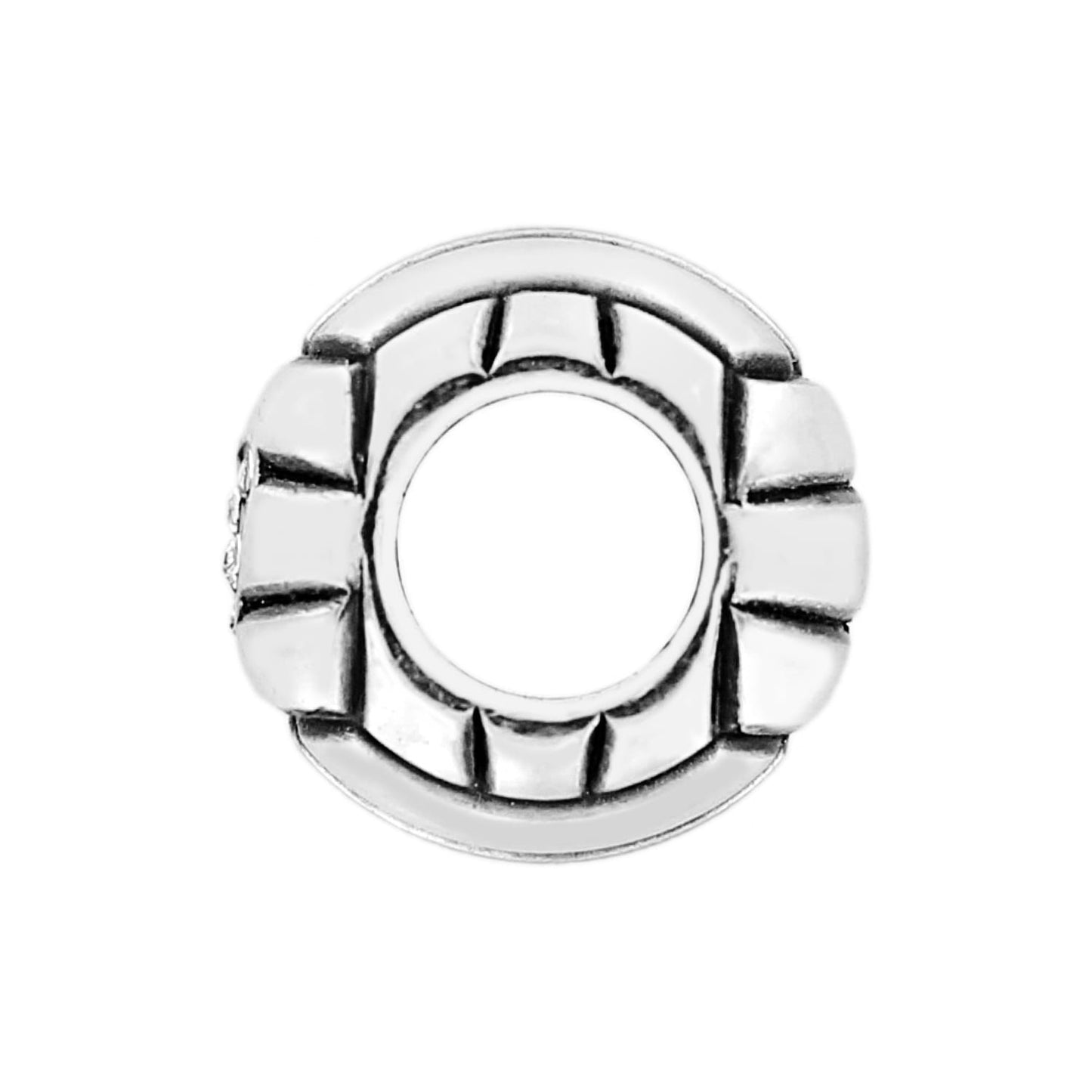Brighton silver-plated bead charm with ridged border and open center channel on a white background