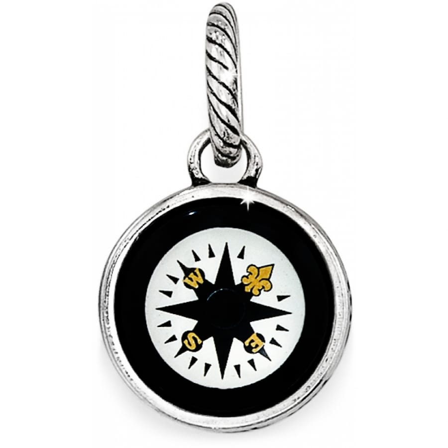Brighton compass charm with black enamel border and silver-plated rope bail on a white background