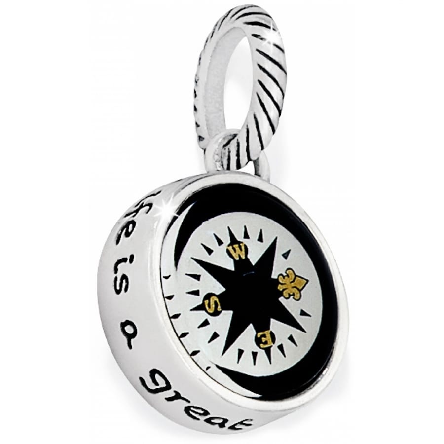 Brighton compass charm with silver-plated finish, black dial, gold-tone directional markers, and engraved script on a white background