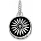 Brighton daisy charm with silver-plated flower design on black background and crystal center accent on a white background