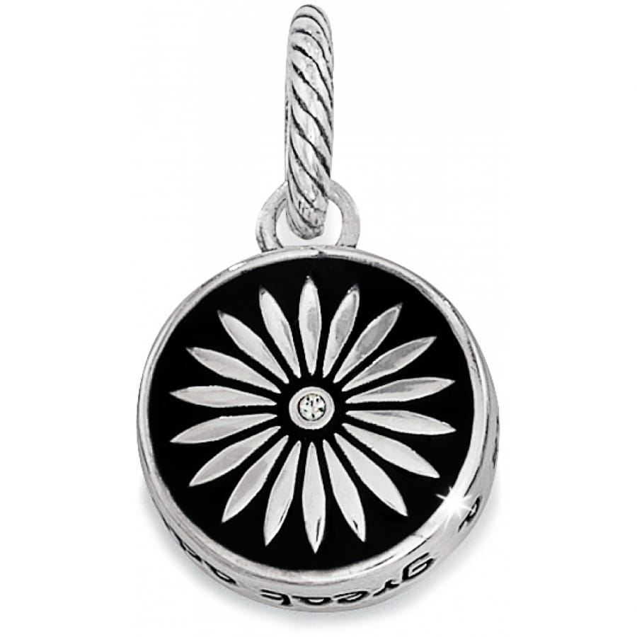 Brighton daisy charm with silver-plated flower design on black background and crystal center accent on a white background