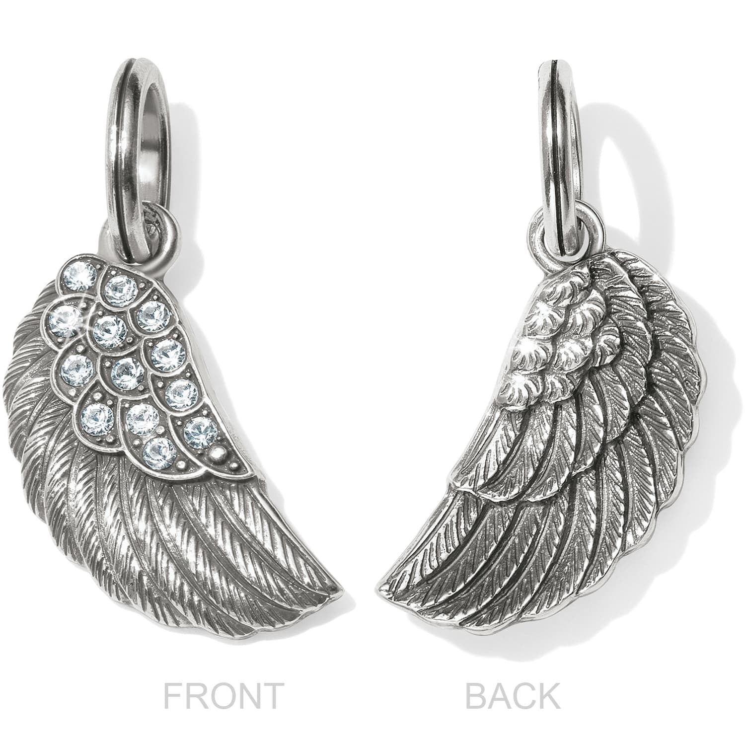 Brighton angel wing charm shown from front with crystal accents and back with etched feather detail on a white background