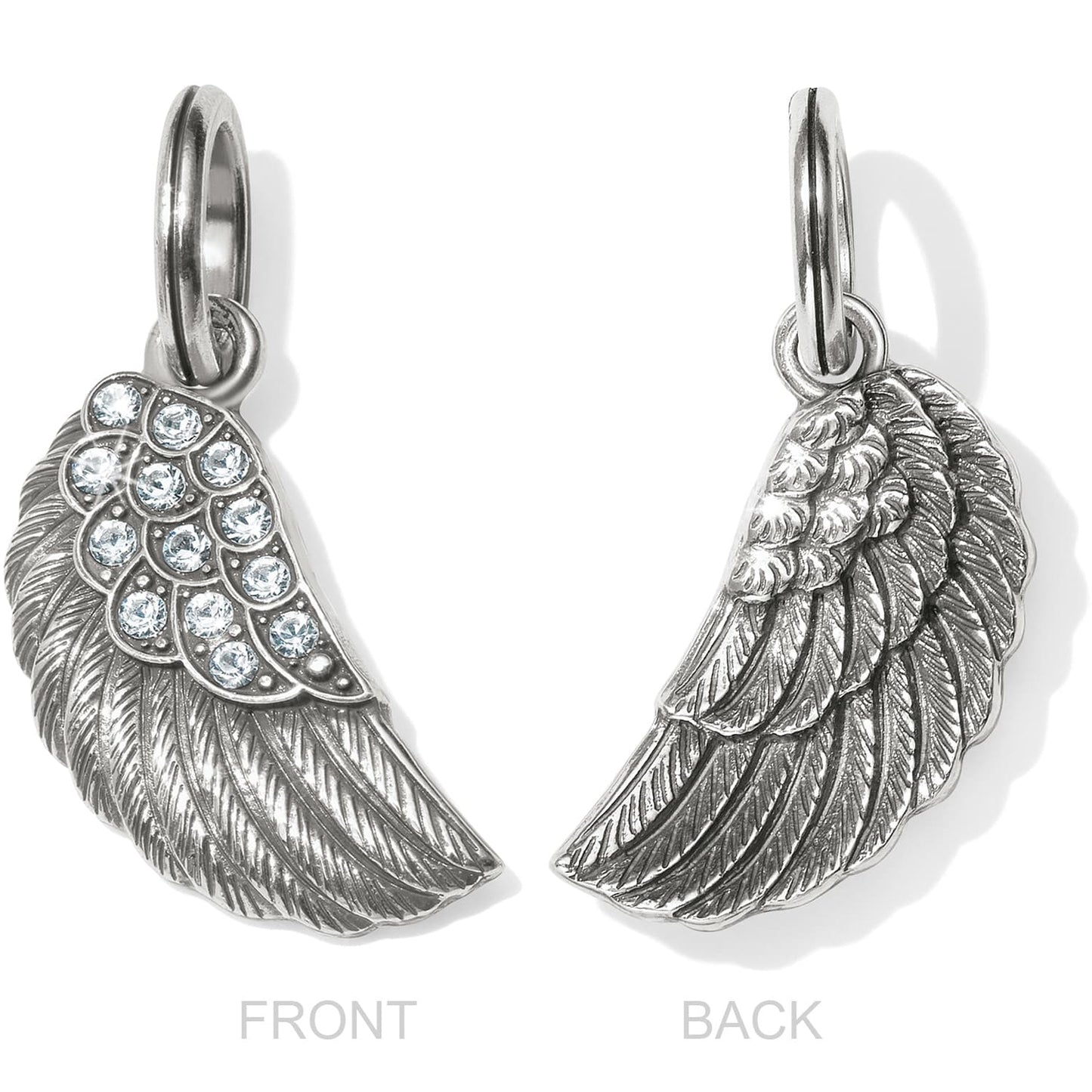 Brighton angel wing charm shown from front with crystal accents and back with etched feather detail on a white background