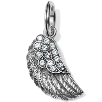 Brighton angel wing charm with silver-plated feather detailing and crystal accents on a white background
