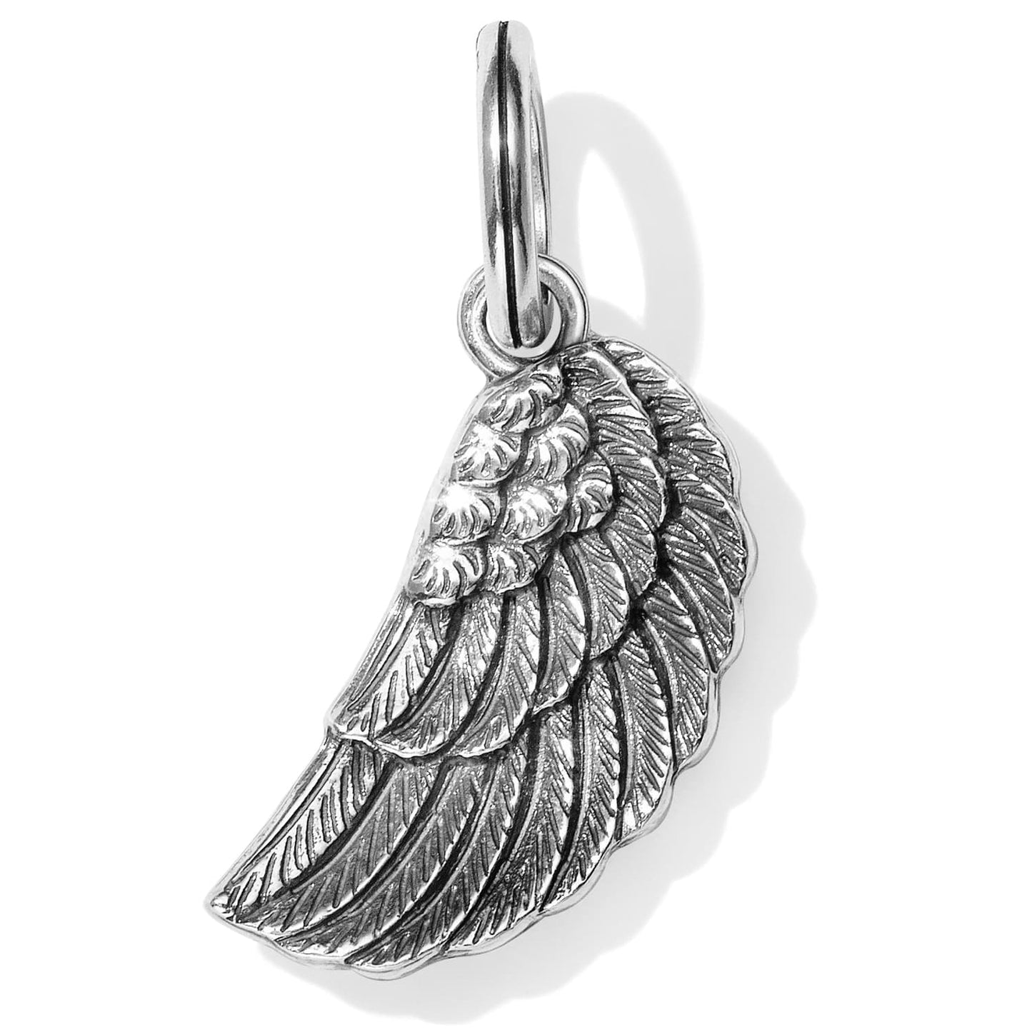 Brighton angel wing charm with silver-plated finish and detailed feather texture on a white background