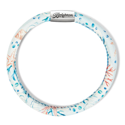 Brighton leather bracelet with coastal seashell and starfish print and silver-plated magnetic clasp on a white background
