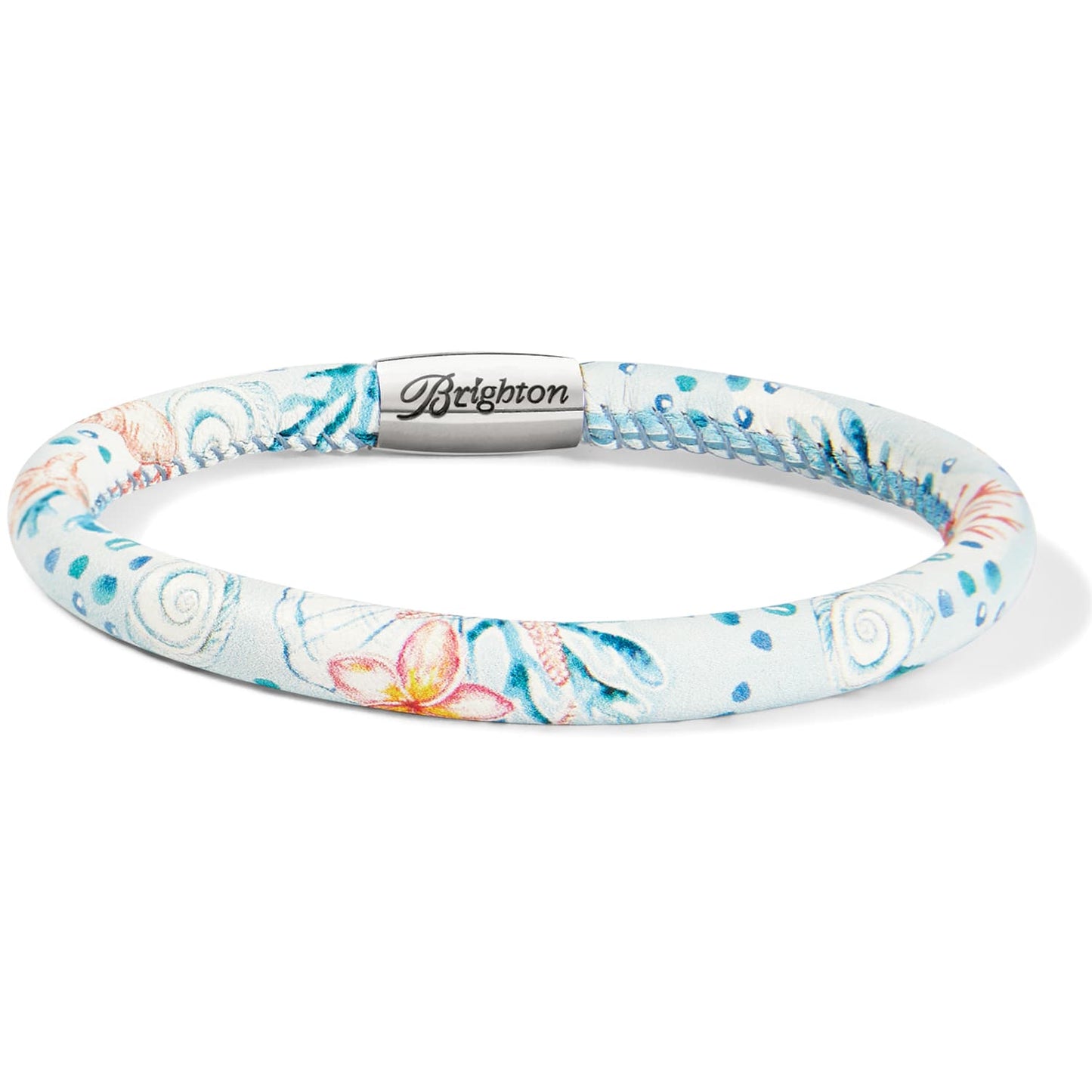 Brighton leather bracelet with light blue floral and seashell print and silver-plated magnetic clasp on a white background