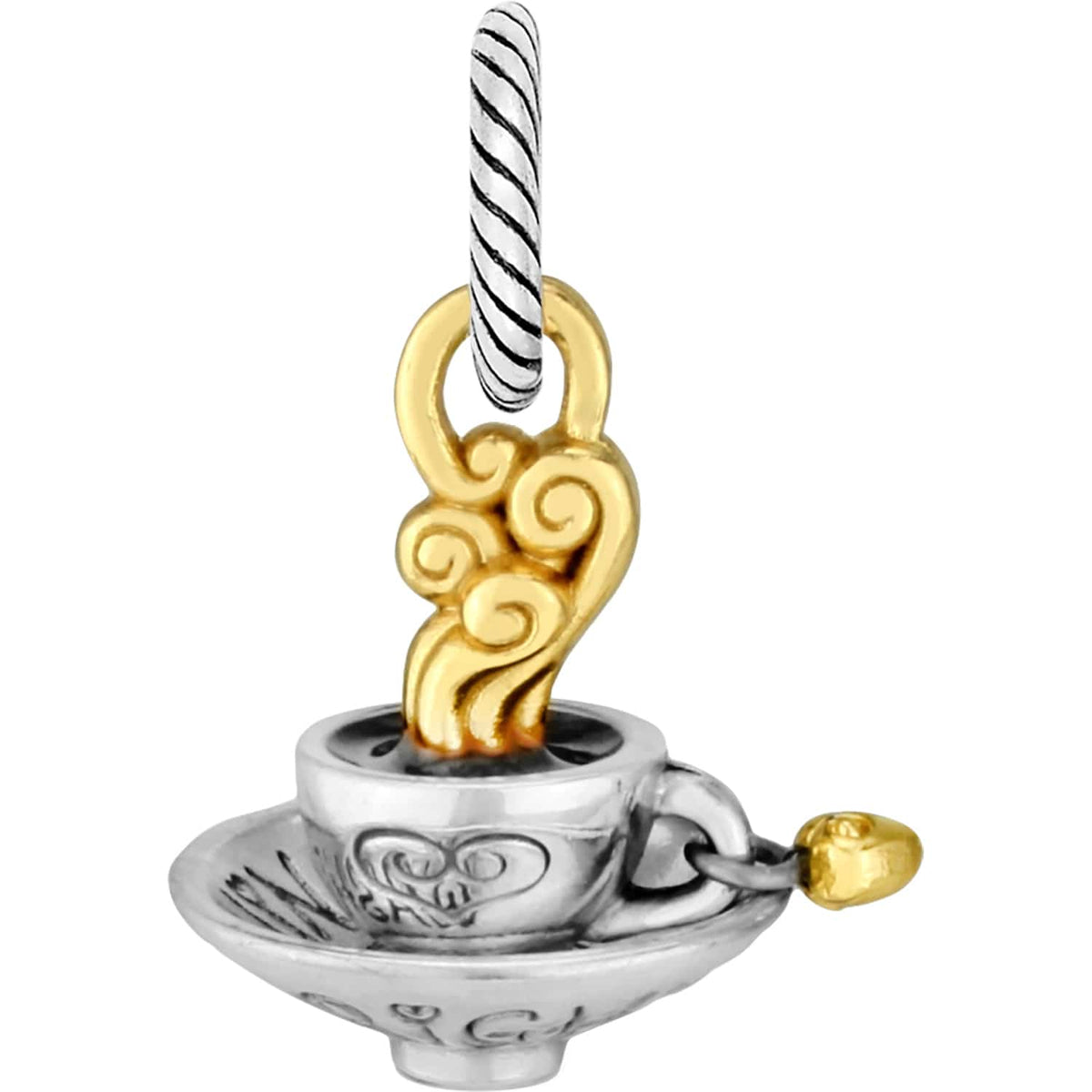 Brighton teacup charm with two-tone finish, gold steam swirls, and small heart accent on a white background