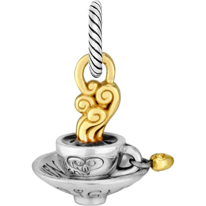 Brighton teacup charm with two-tone finish, gold steam swirls, and small heart accent on a white background