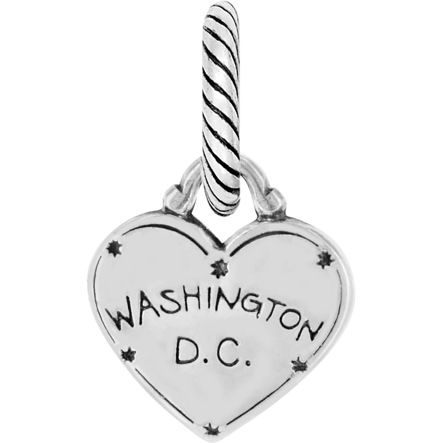 Brighton heart charm engraved with Washington D.C. and star accents with twisted rope bail on a white background