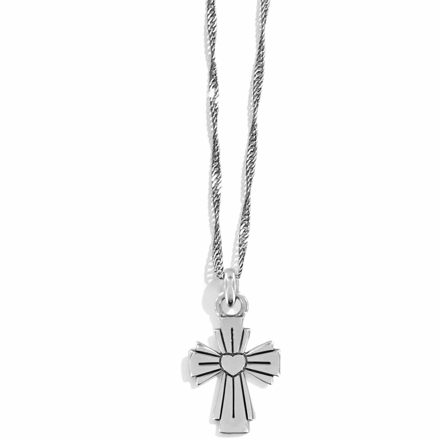 Brighton pendant necklace with silver-tone cross featuring engraved heart center and twisted chain on a white background