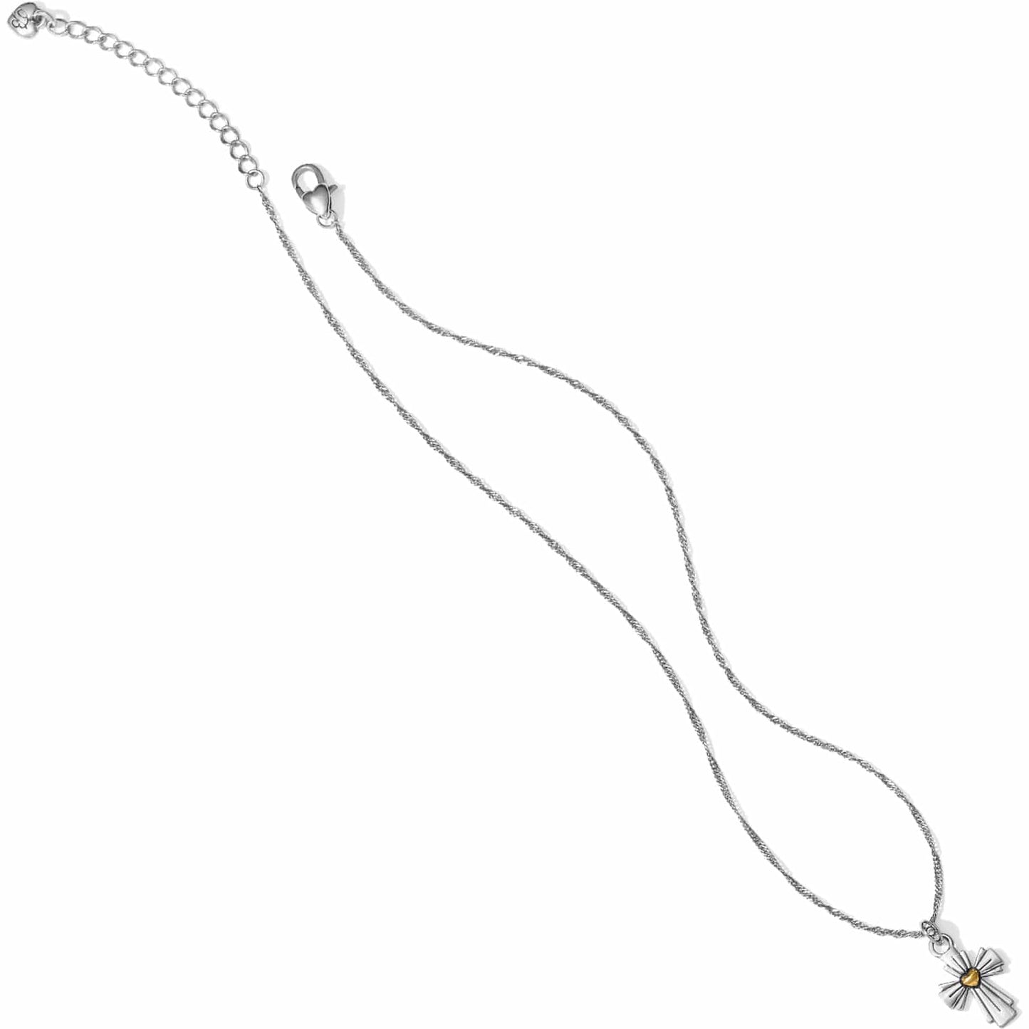 Brighton pendant necklace with two-tone cross charm, twisted silver-tone chain, and lobster clasp on a white background